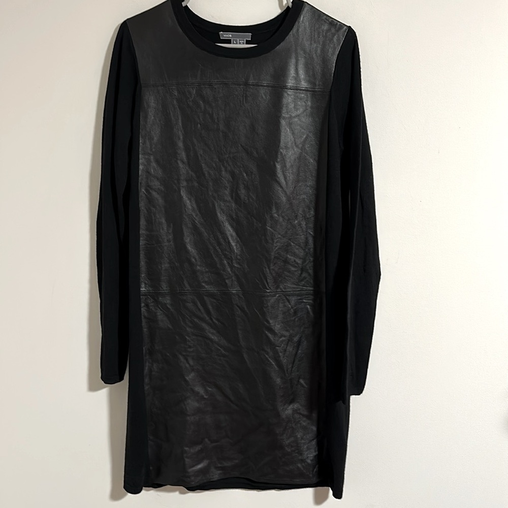VINCE 100% lamb Leather front patch Shift mini 100% wool combination Dress L - Picture 2 of 6